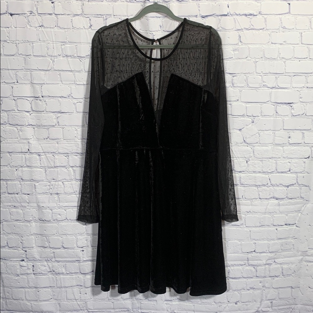 Womens Velvet Sheer Mini Dress Black Plunging V-Neck Sz L Whimsigoth Grunge Goth